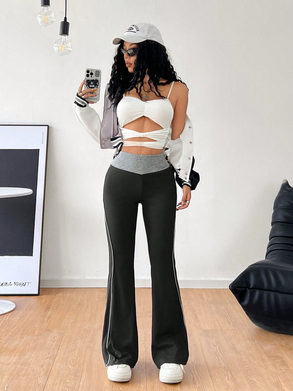 Women Clothing All Match Office Tight Casual Pants Autumn Winter Elastic Waist Contrast Color Wide Leg Pants - ALZO