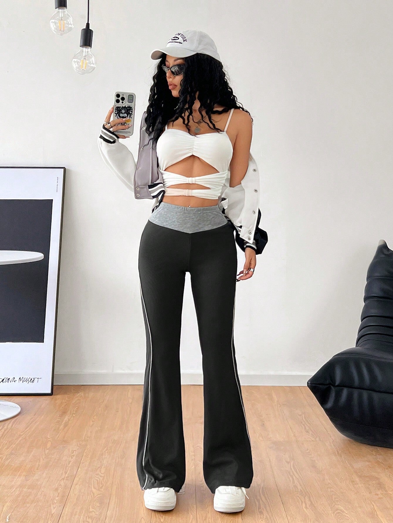 Women Clothing All Match Office Tight Casual Pants Autumn Winter Elastic Waist Contrast Color Wide Leg Pants - ALZO