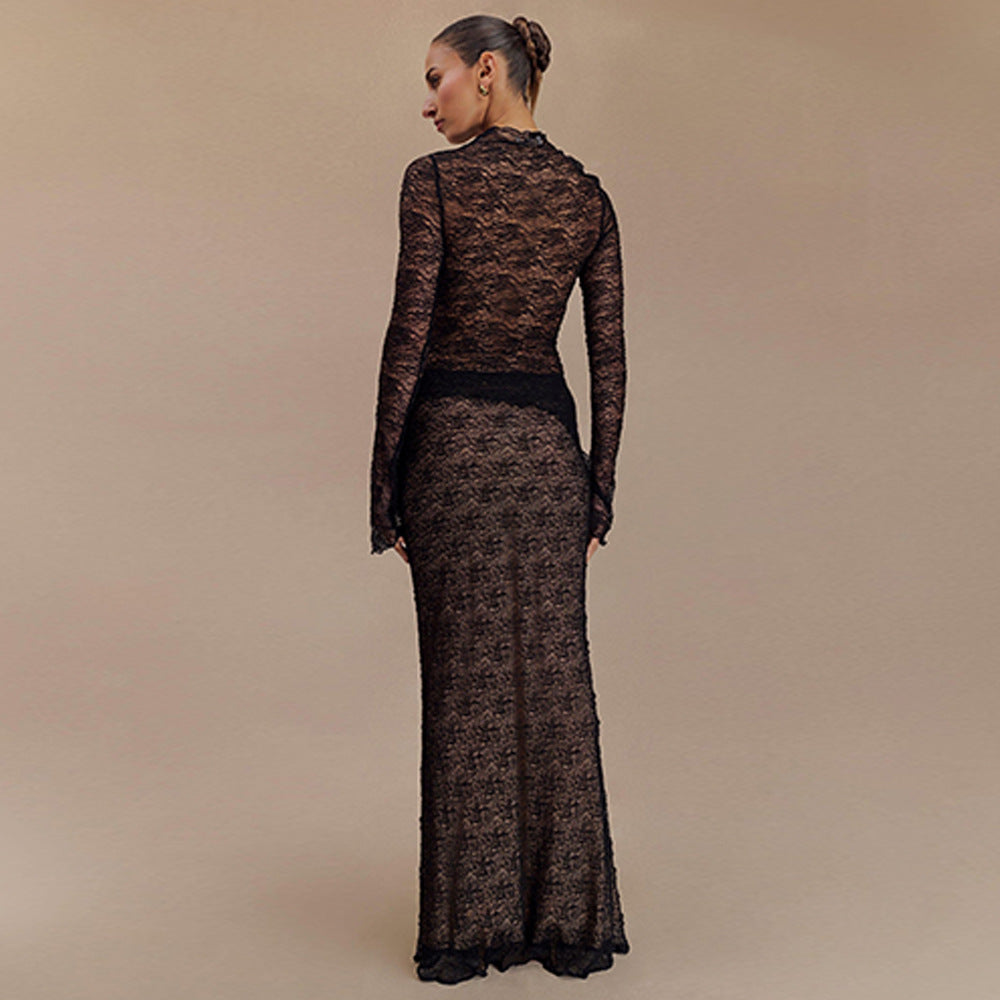 Summer Two Piece Sets Long Sleeve See through T shirt Slim Fit Sexy Skirt - ALZO