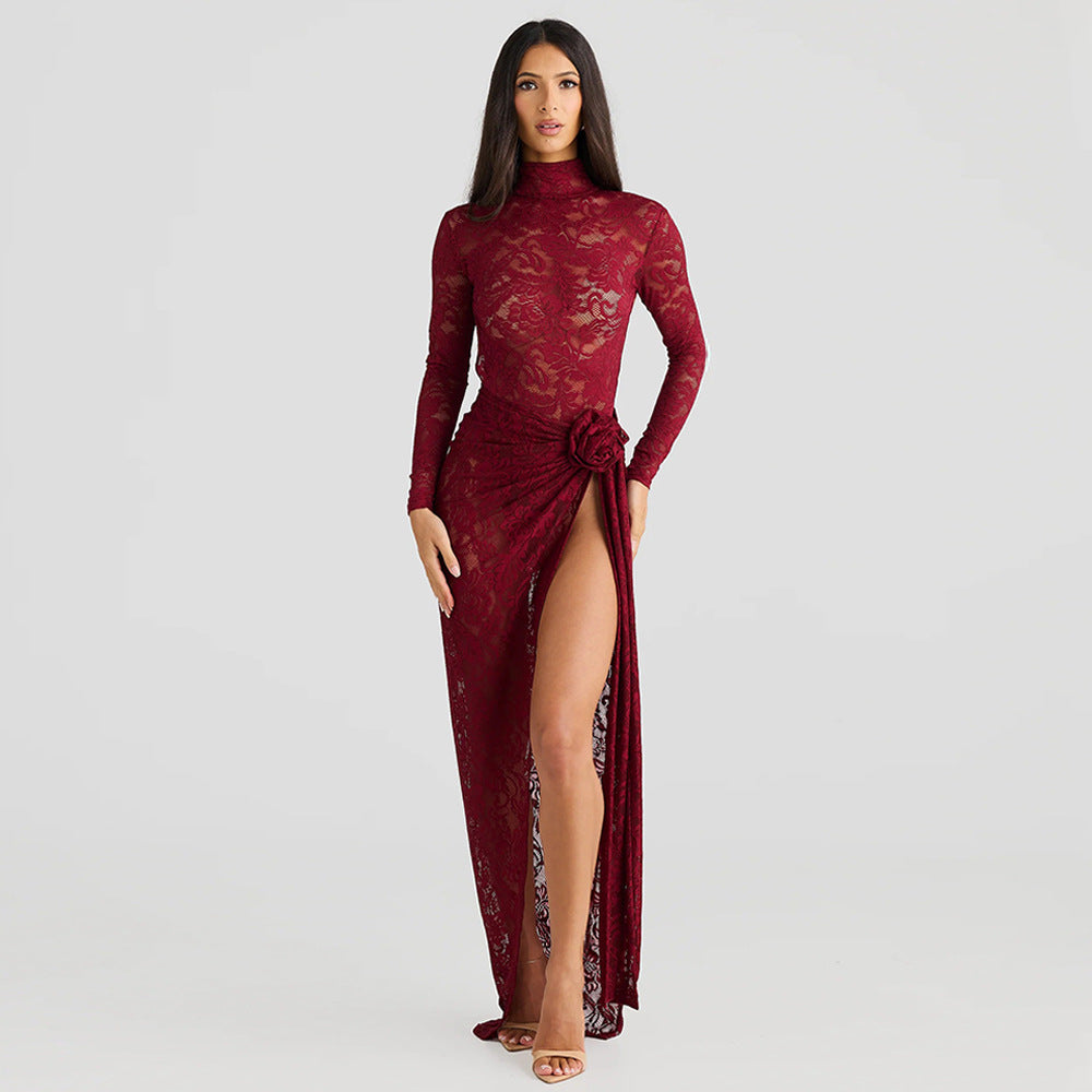 Sexy Slim Fit See through Two Piece Sets Half Turtleneck Bare Back Jumpsuit Side Slit Skirt - ALZO