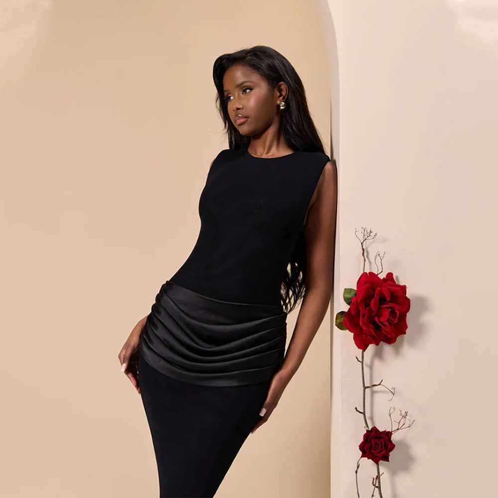 Women Spring Sexy Satin Patchwork Maxi Dress Elegant Slim Sleeveless Pleated Solid Color Dress