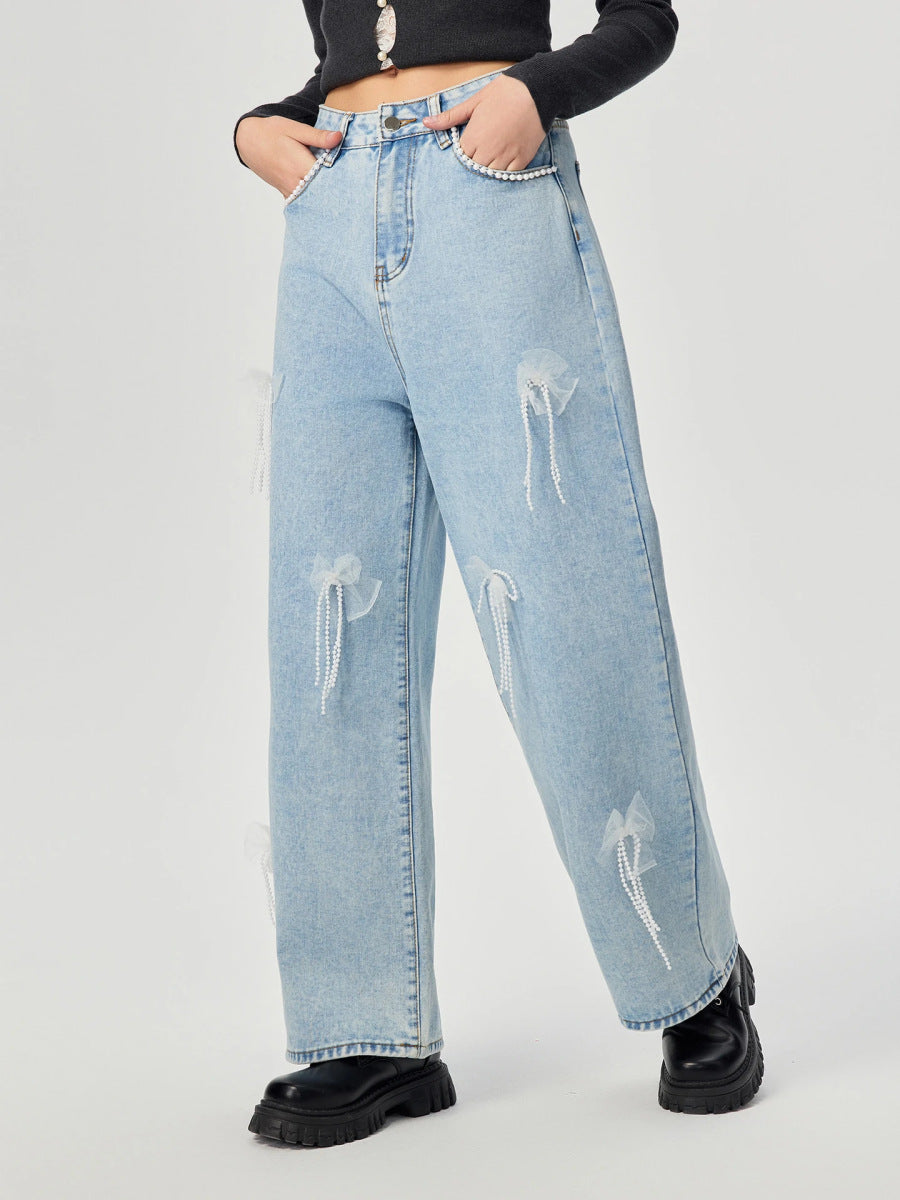Women Wear Butterfly Decoration Loose Wide Leg Denim Trousers Women Jeans - ALZO