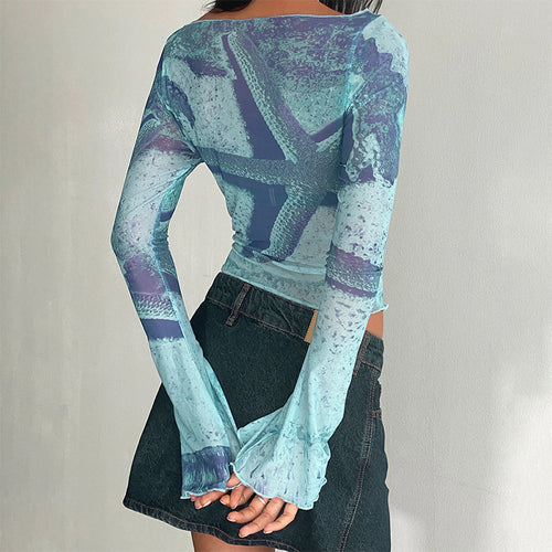 Abstract Printing Bell Sleeve Short Top Women Slim Fit Slimming Summer - ALZO