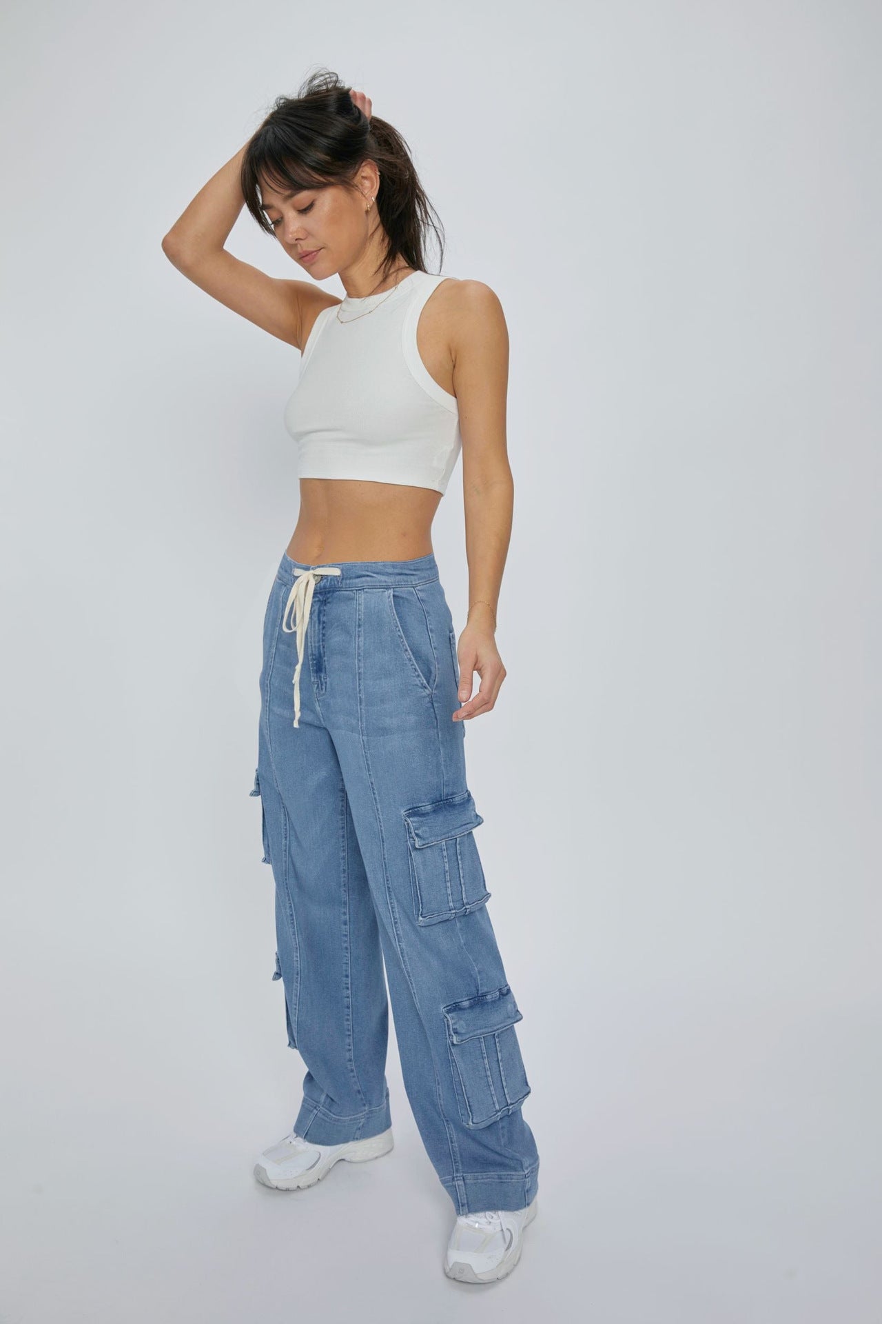 Spring Street Washed Cargo Pants Women Multi Pocket Wide Leg Lace up Jeans - ALZO