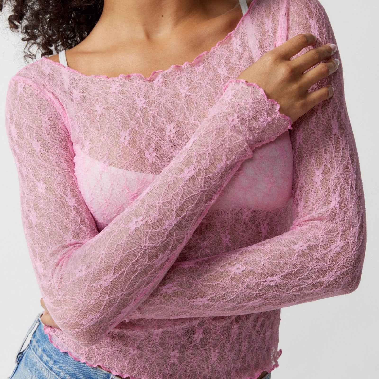 Sexy Transparent Lace Mesh T shirt Wave Edge Slightly Transparent Short Slim Outer Wear Top