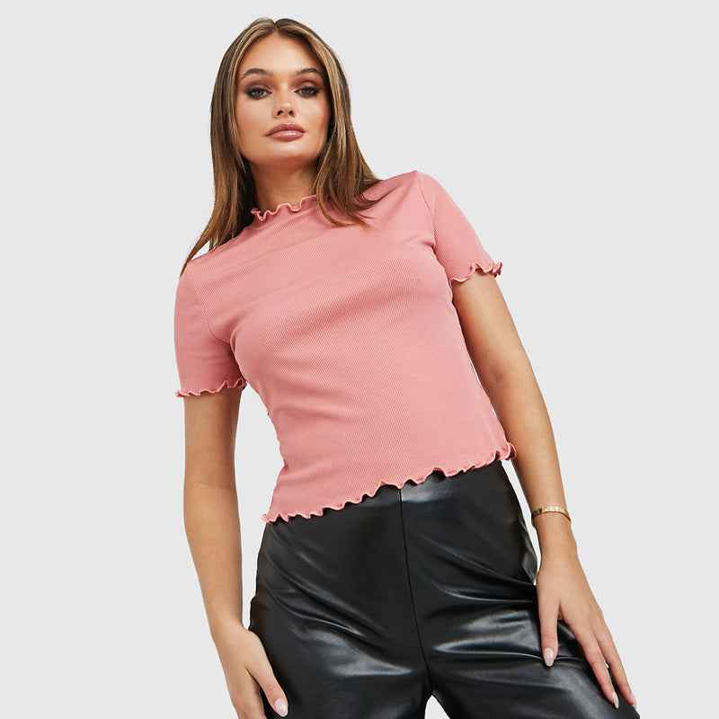 Women Clothing Women Short Sleeve Solid Color Turtleneck T Shirt Thread Sunken Stripe High Elastic Top