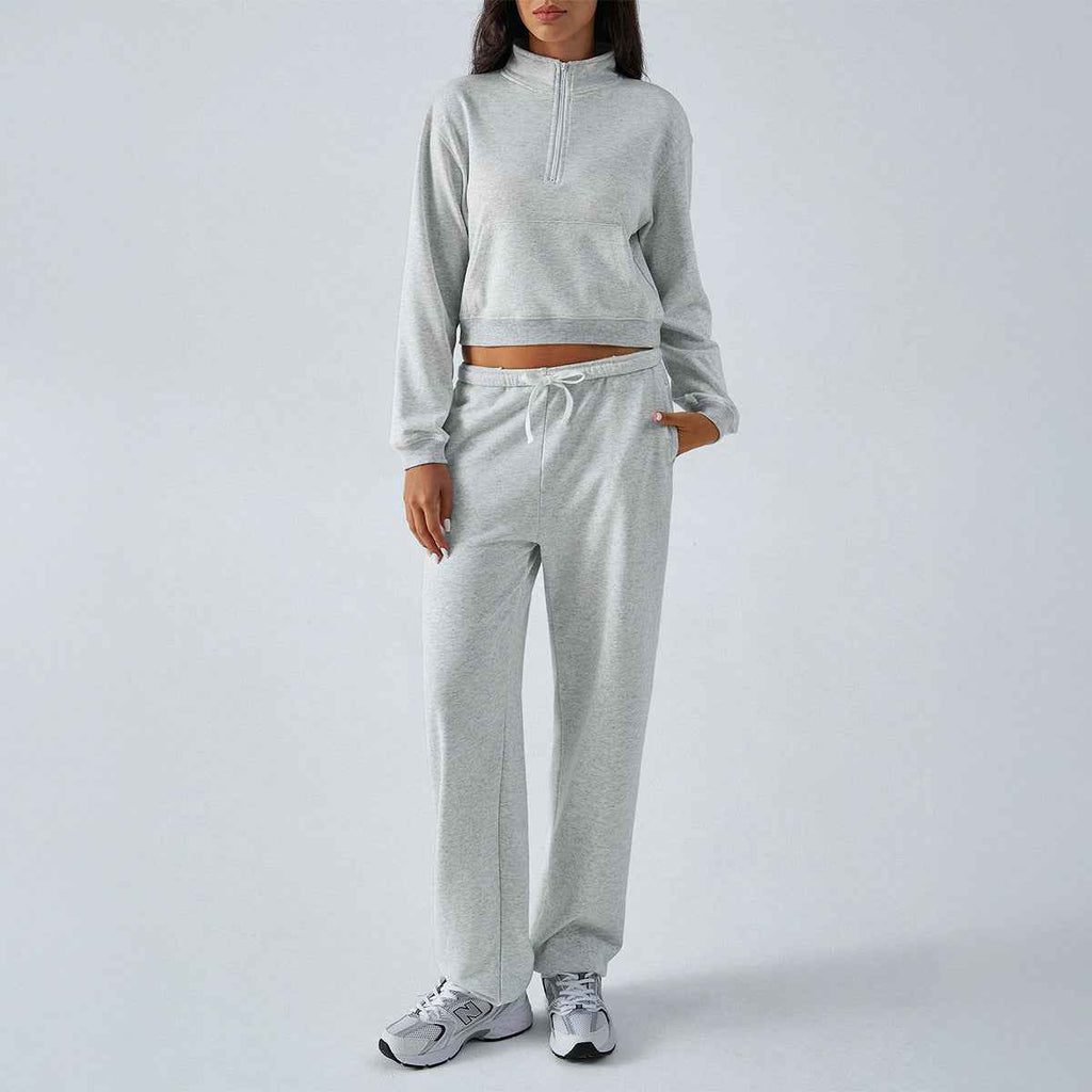 Autumn Winter Casual Sports Solid Color Half Zipper BM Long Sleeve Sweater Straigh Leg Pants Sets