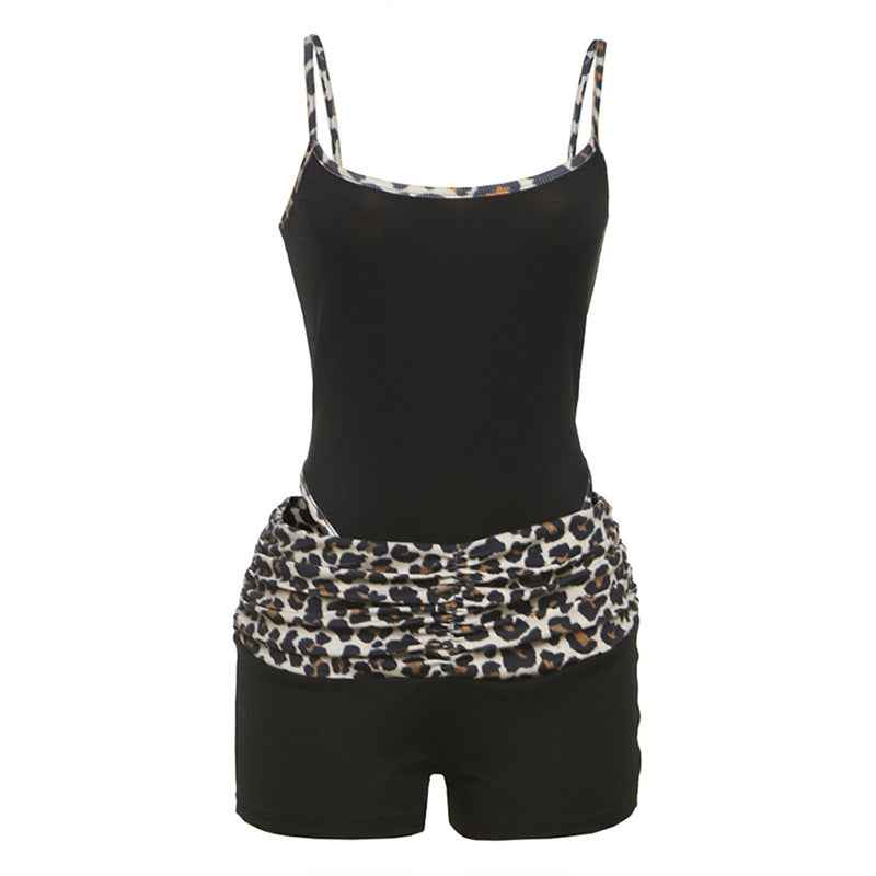 Spring Summer Women Clothing Sexy Personalized Leopard Splicing Jumpsuit Slimming Sexy Shorts Set Women