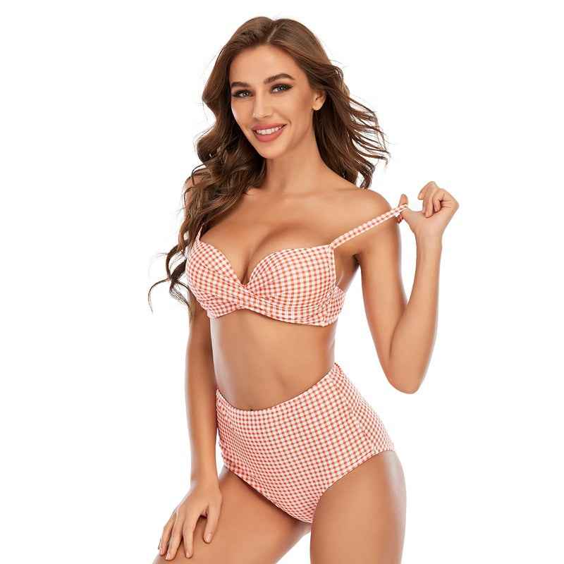 Women Bikini Multicolor Plaid Push Up Split Swimsuit Beach Vacation Swimsuit