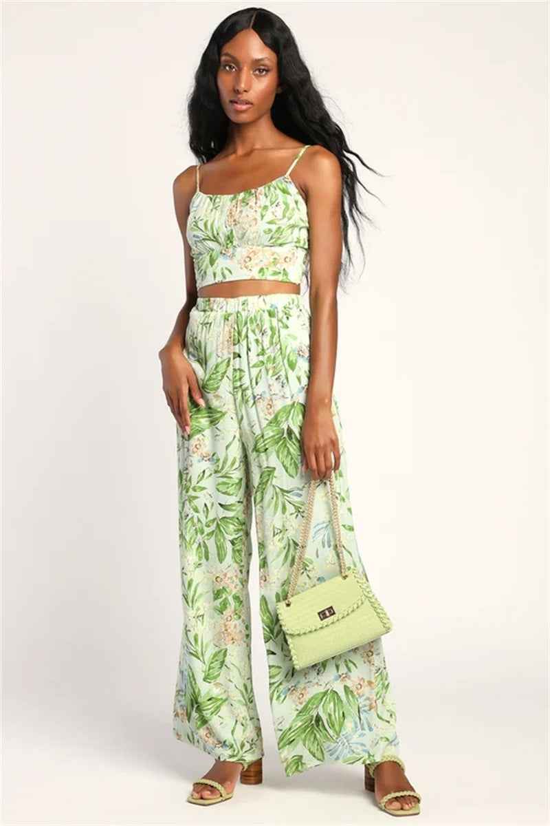 Casual Sexy Sling Vest High Waist Print Wide Leg Pants Two Piece Sets