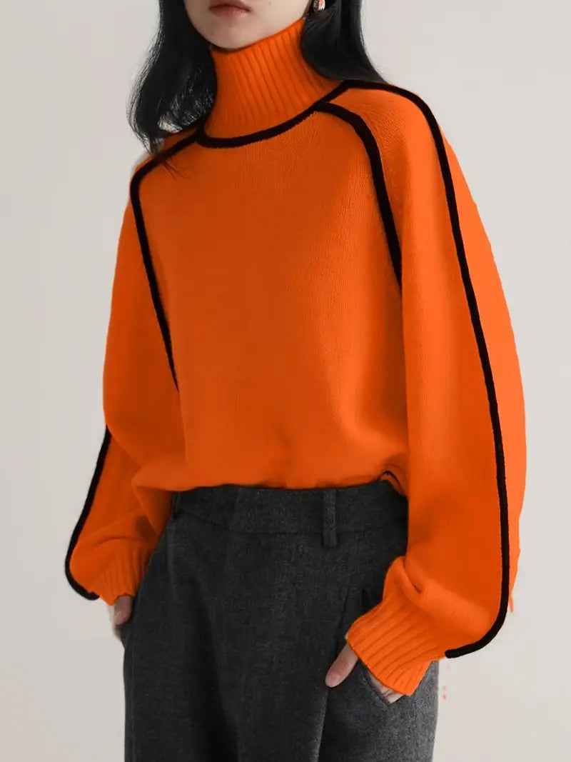 Women Sweater Half Turtleneck with Shoulder Sleeve Top Elegant Line Thread Bottoming Sweater for Women