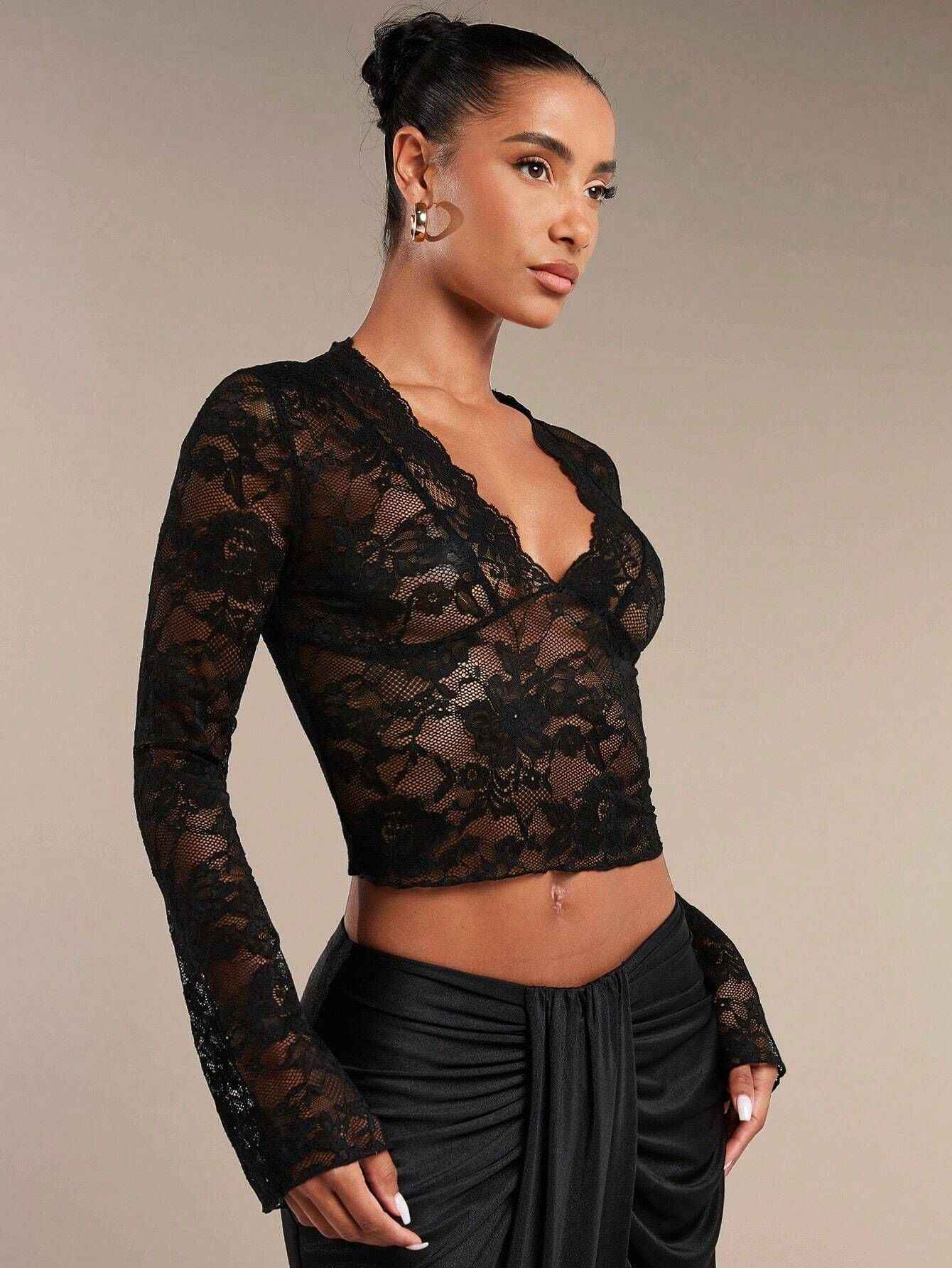 Women Solid Color Sexy Transparent Lace V neck Tight Flared Long Sleeve Top