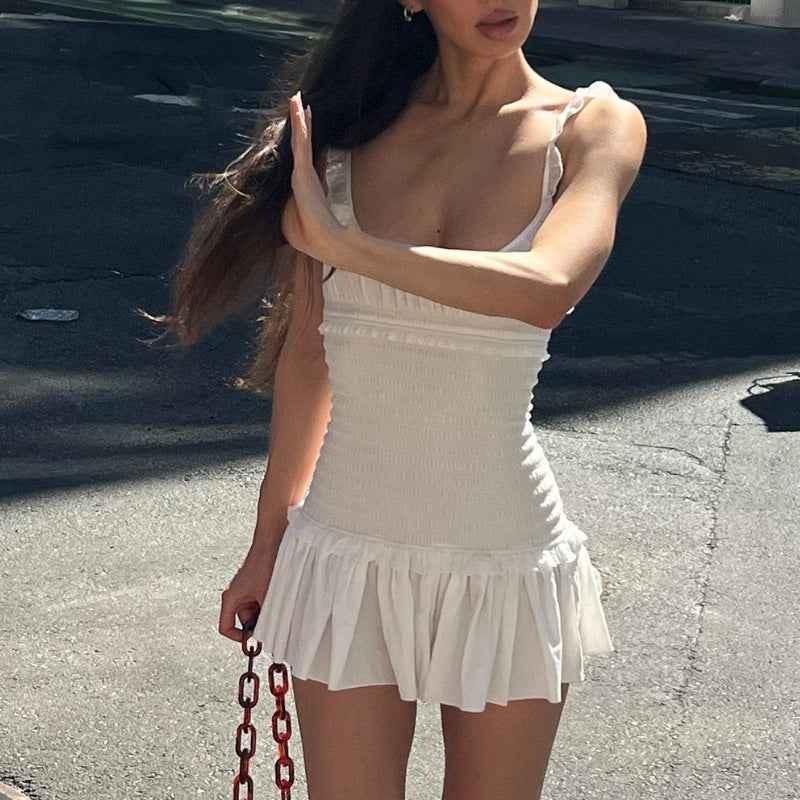 Women Clothing Spring Sexy Elegant Wooden Ear Pleated Strap Pleated Dress Short for Women