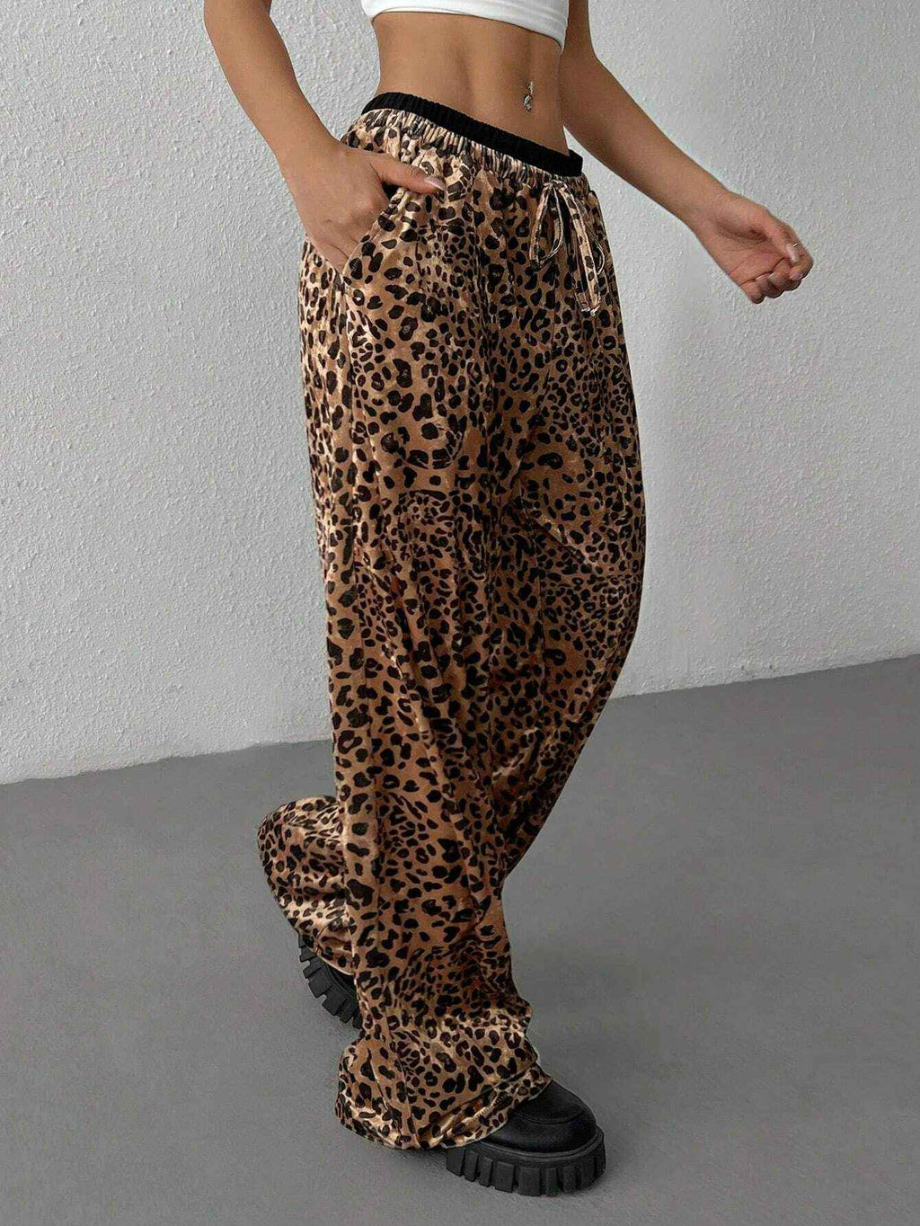 Women Clothing Unique Design Casual Pants Autumn Winter Loose Drape Leopard Print Trendy Trousers