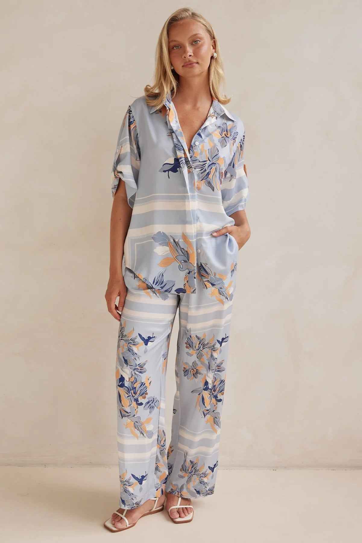 Summer Homewear Casual Printing Cardigan Shirt Trousers Set