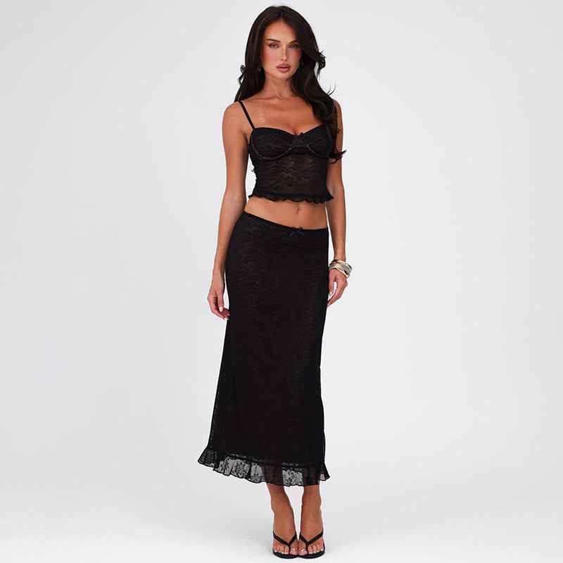 Spring Women Clothing Sexy V neck Backless Lace Camisole Sheath Skirt Set