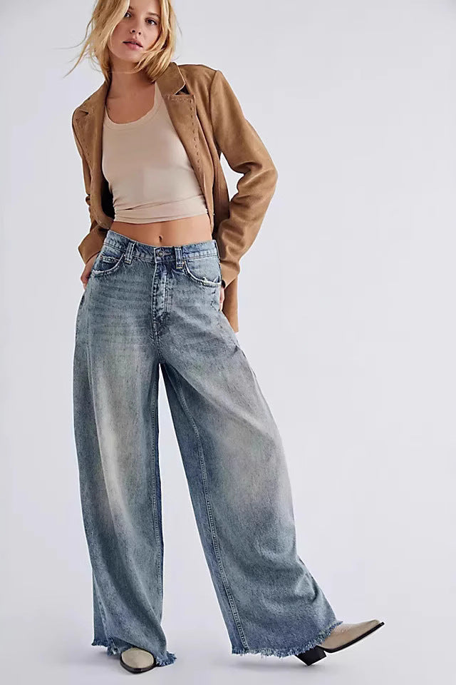 Retro Washed High Waist Drooping Straight Wide Leg Denim Trousers - ALZO