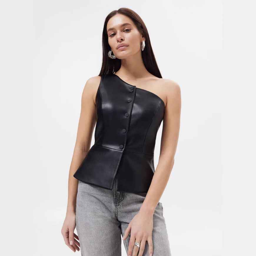 Summer Women Single Breasted Short Faux Leather Shoulder Sexy off Shoulder Vest