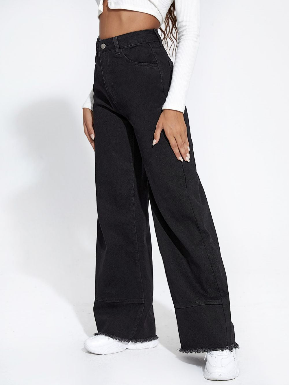 Spring Wide Leg Jeans High Waist Stitching Loose Burrs Trousers Jeans - ALZO