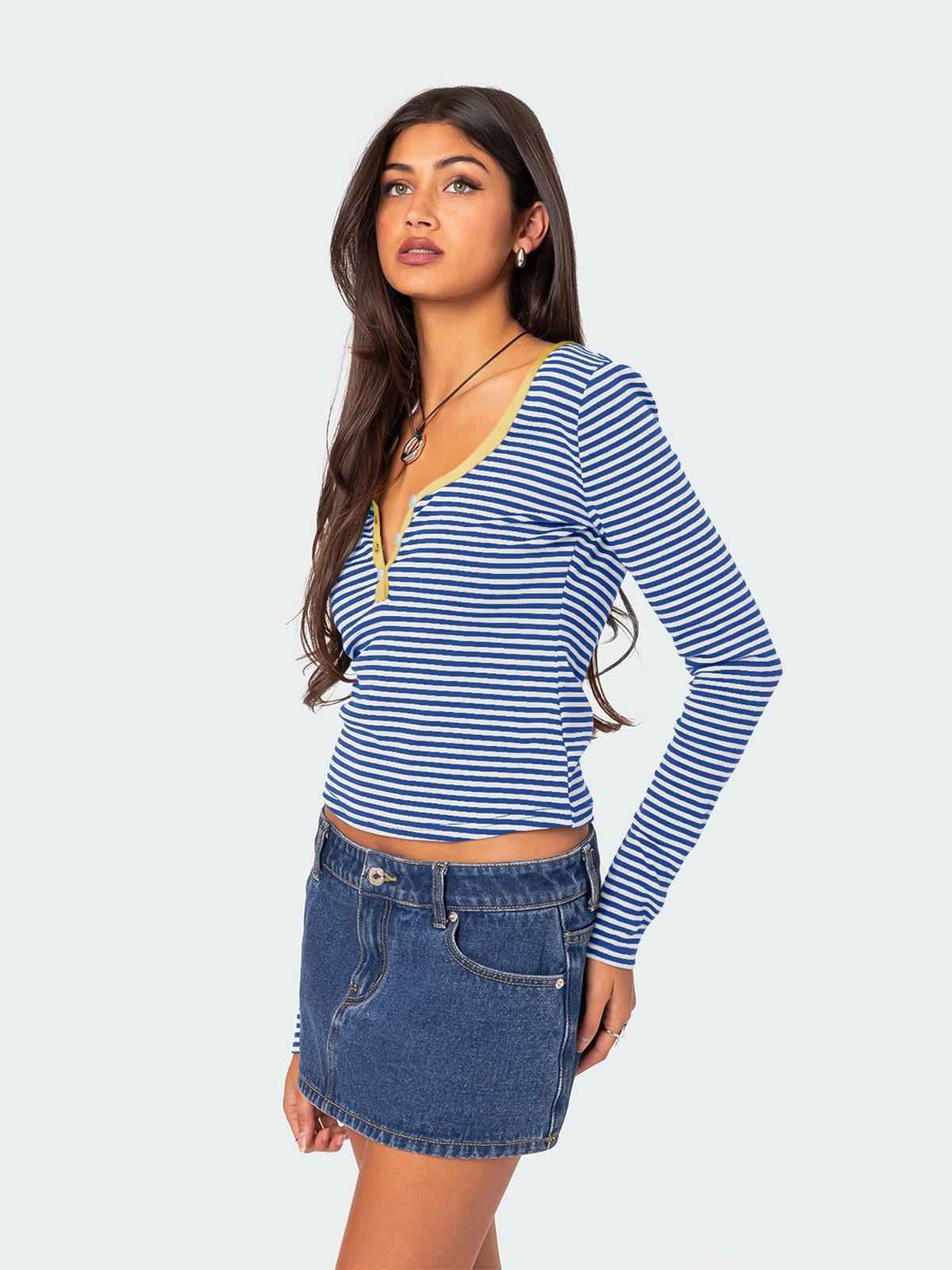 Contrast Color Striped Sweater Clothes Women Top Button Slim Fit Shoulder T shirt Pure Cotton