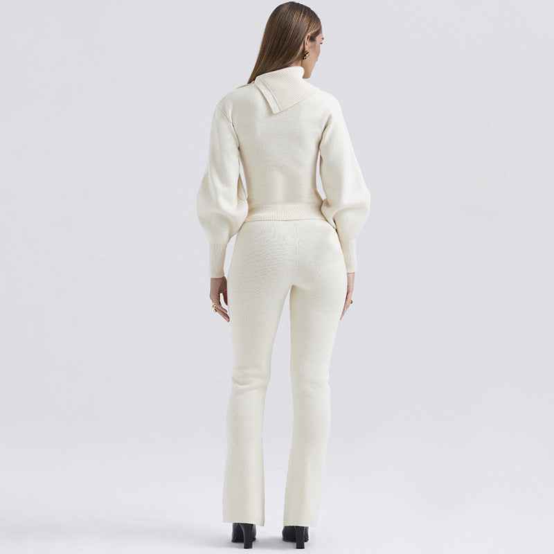 Winter Two Piece Set Sexy Trend Hooded Long Sleeve Straight Leg Pants Knitting Set