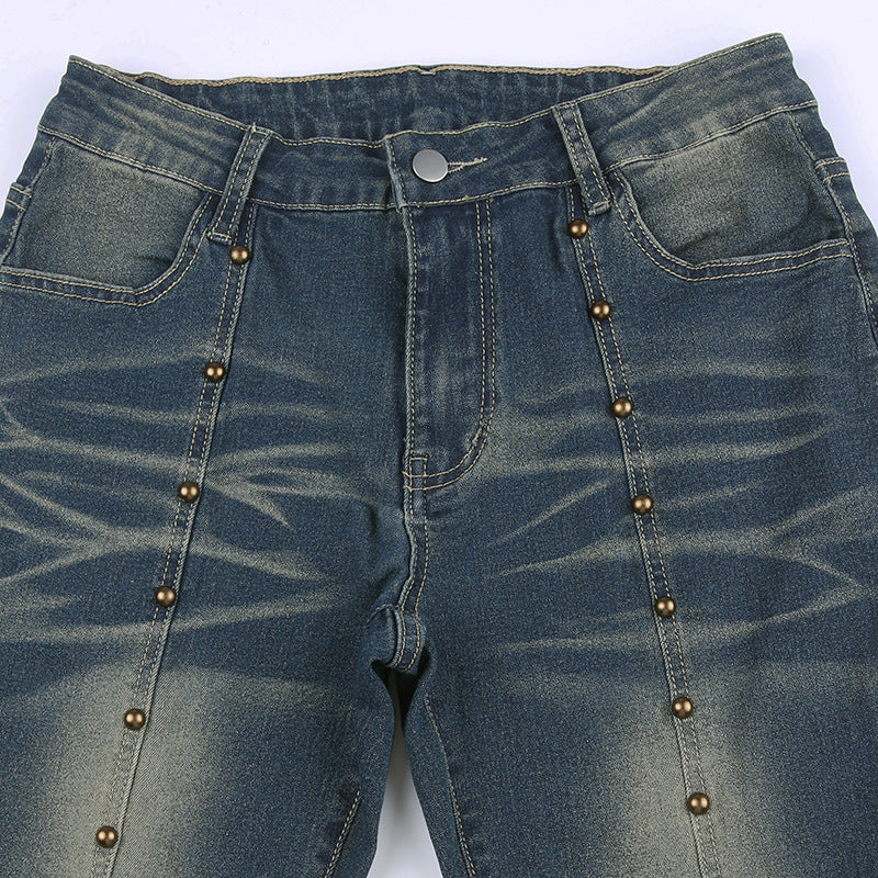 Women Special Rivet Washed Wear White Thin Leg Jeans Sexy High Waist Slimming Mopping Floor Bootcut Trousers - ALZO