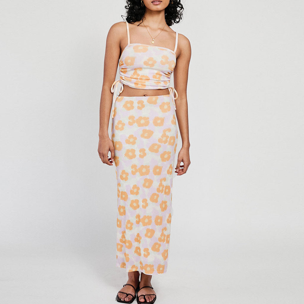 Floral Printed Sexy Side Pleating Sling Top Slit Midi Skirt Two Piece Sets Summer - ALZO