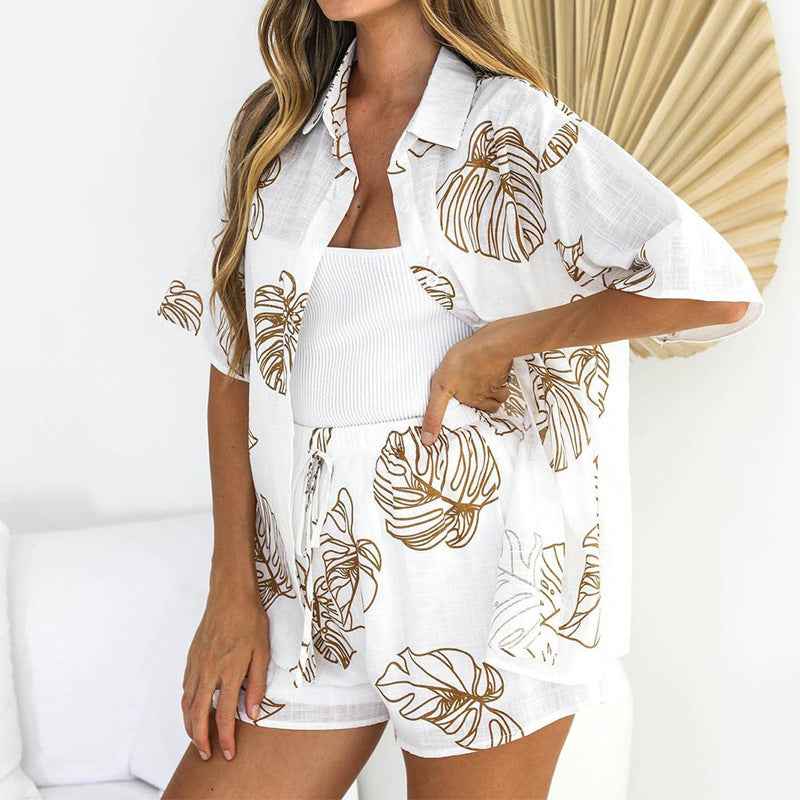 Spring Women Stylish Loose Short Sleeve Shirt Top Loose Shorts Two Piece Set