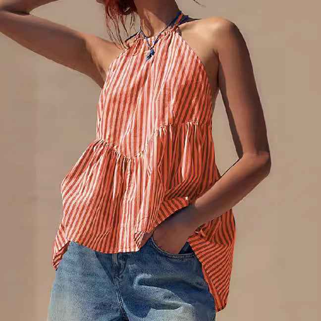Summer Women Wear Striped Lace up Backless Women Top Sexy