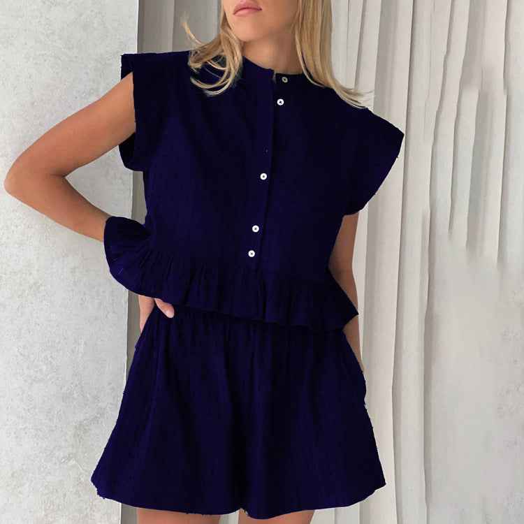 【MOQ-5 packs】 Summer Jacquard Short Sleeve Sense of Design Shirt Casual Office Shorts Set for Women
