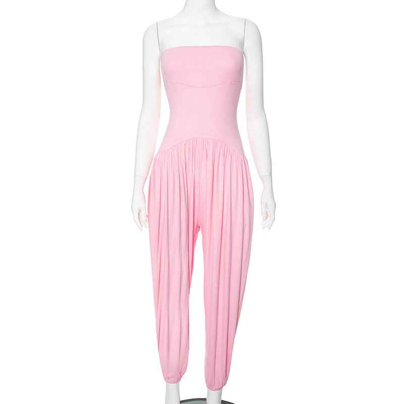 Women Clothing Summer Solid Color Casual Tube Top Cinched Waist Lantern Loose Tappered Women Jumpsuit