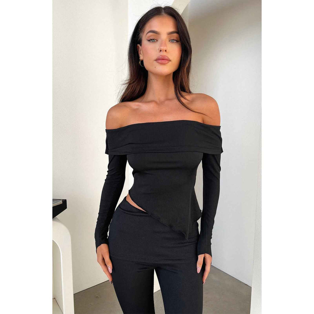 Women Clothing Small Sunken Stripe Irregular Asymmetric off Shoulder Collared Waist Bell Bottom Pants Two Piece Set