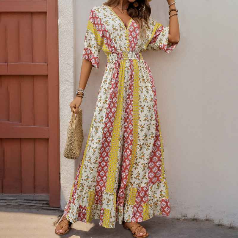 Women Five Quarter Sleeve V neck Geometric Abstract Striped Floral Printed Jumpsuit