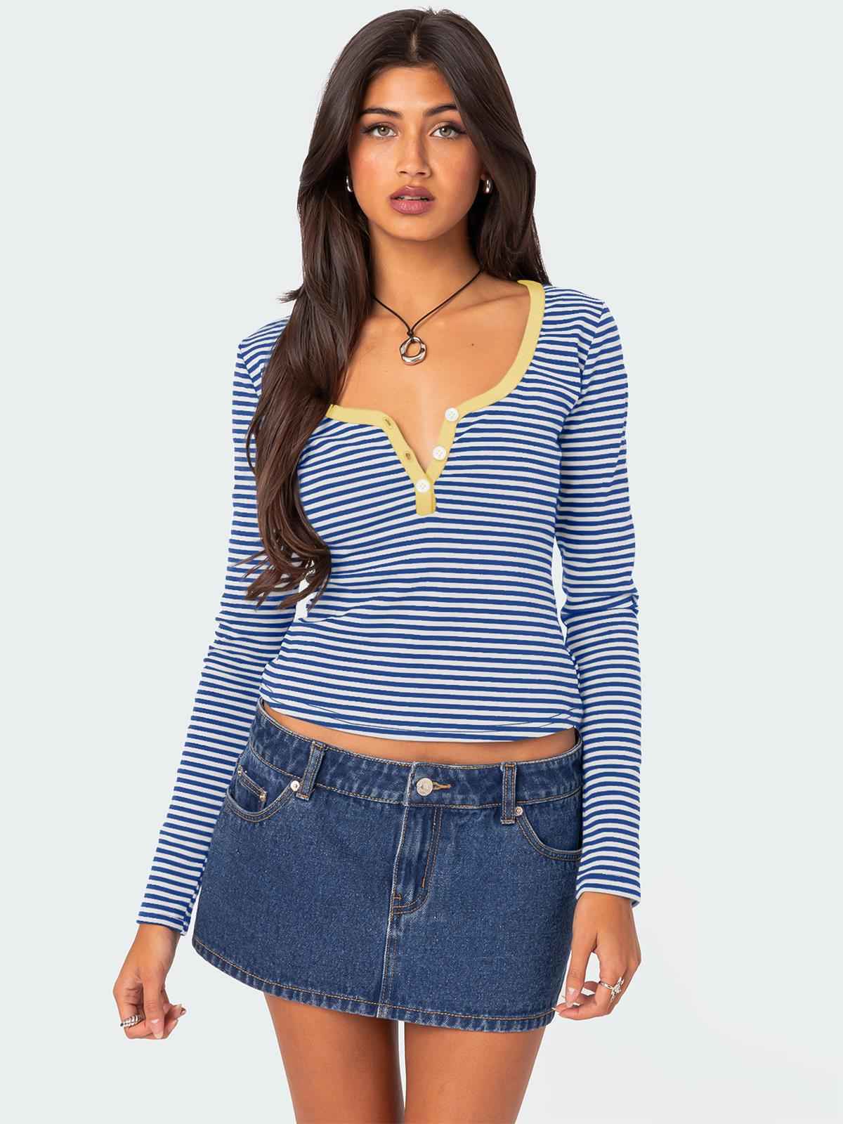 Contrast Color Striped Sweater Clothes Women Top Button Slim Fit Shoulder T shirt Pure Cotton