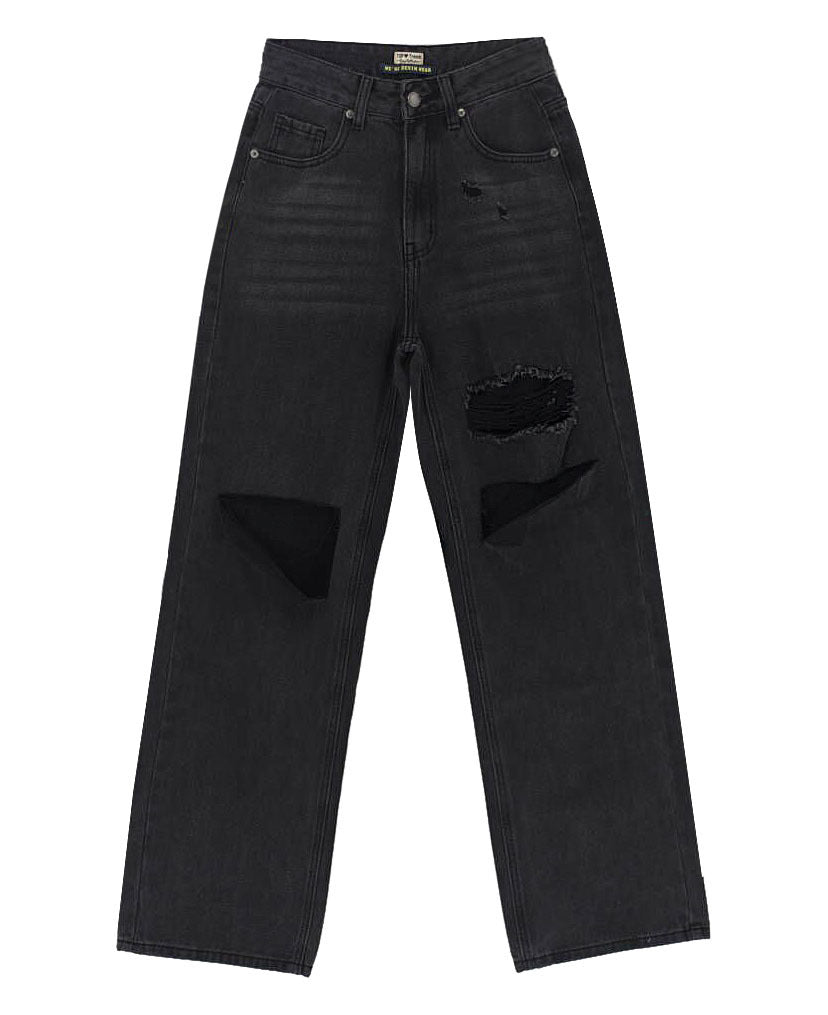 Black Gray Women High Waist Ripped Jeans Baggy Straight Trousers - ALZO