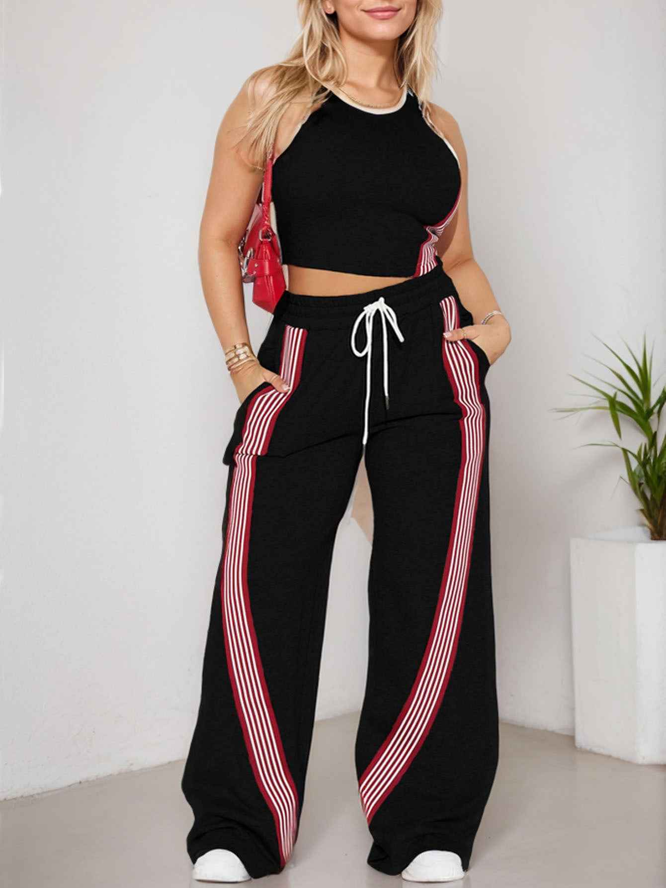 Women Clothing Casual Slim Fit Ribbon Stitching Vest Casual Wide Leg Pants Two Piece Sets Sports Women Clothing