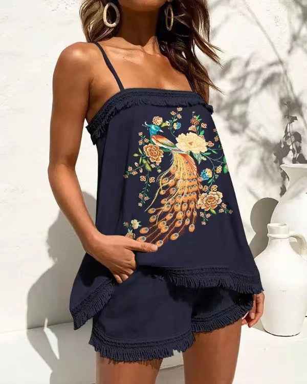 Summer Women Clothing Printed Sexy Sling Tassel Set