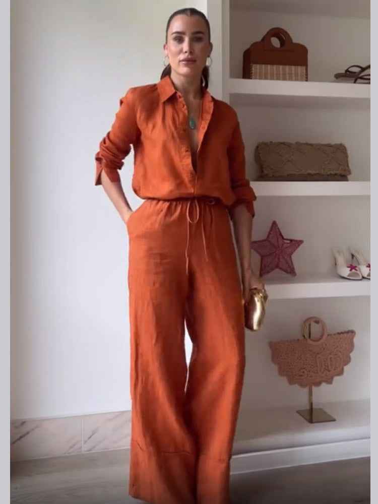 Solid Color Shirt Pocket Trousers Casual Lace up Two Piece Sets Women