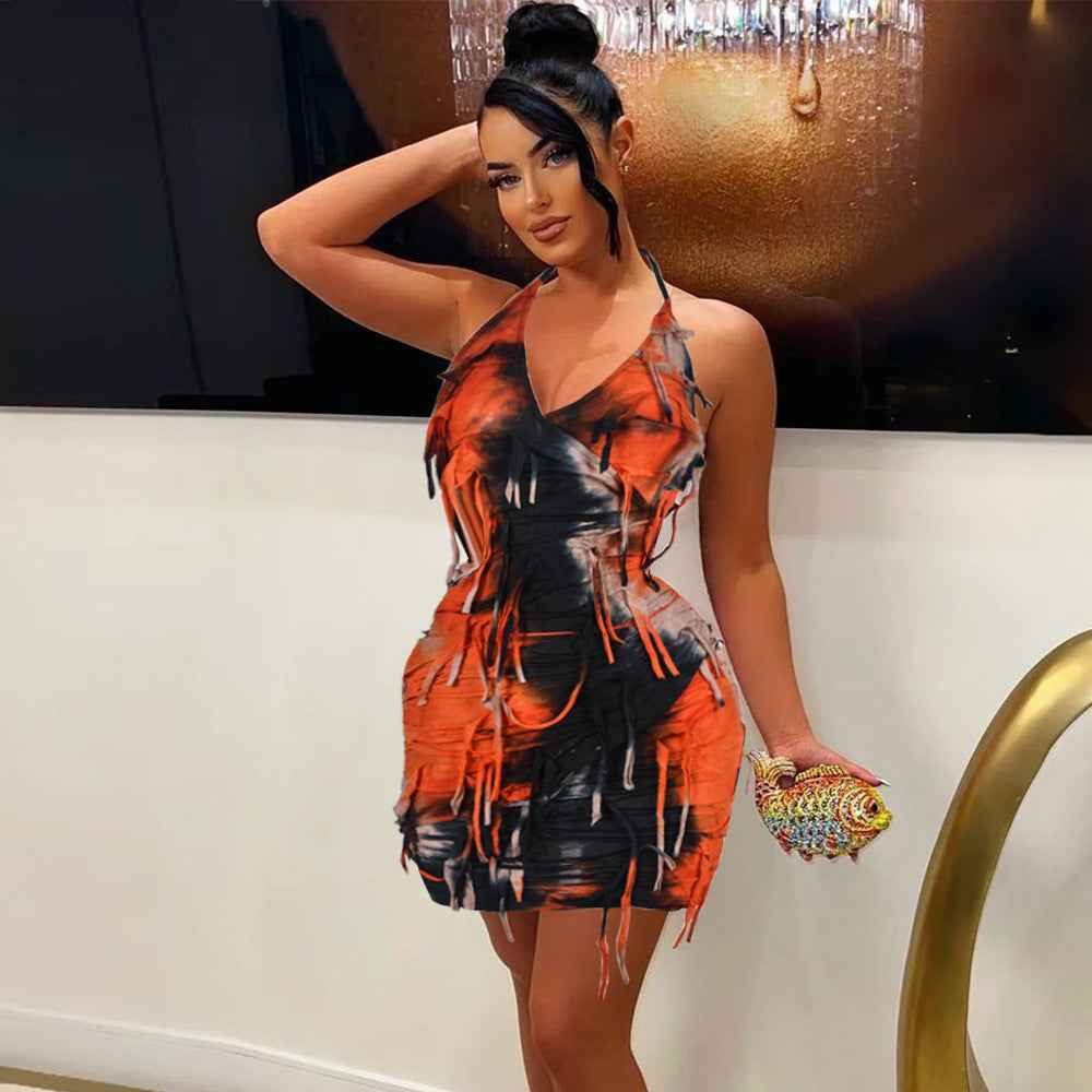 Summer Lace Up Backless Hanging Dyed Beggar Dress Women