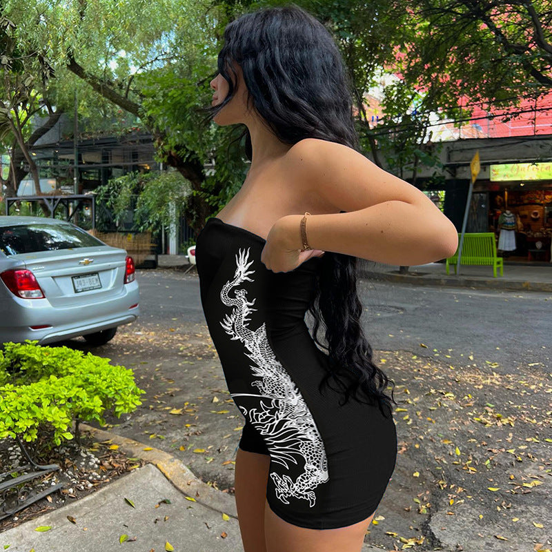 Dragon Print Tube Top Jumpsuit Skinny Sheath Sleeveless Chest Wrapped Sports Shorts - ALZO