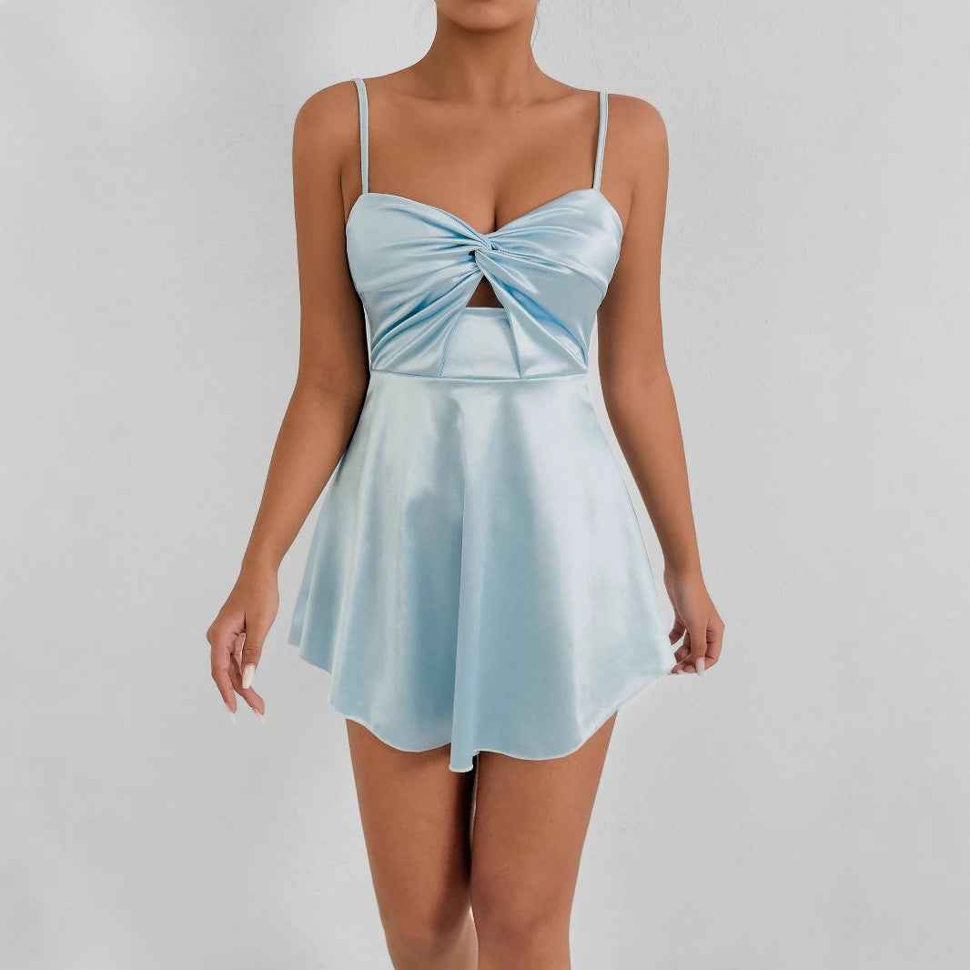 Women Bandeau Sling Hollow Out Cutout Short Sexy Waist Controlled Deep V Plunge neck Dress Women
