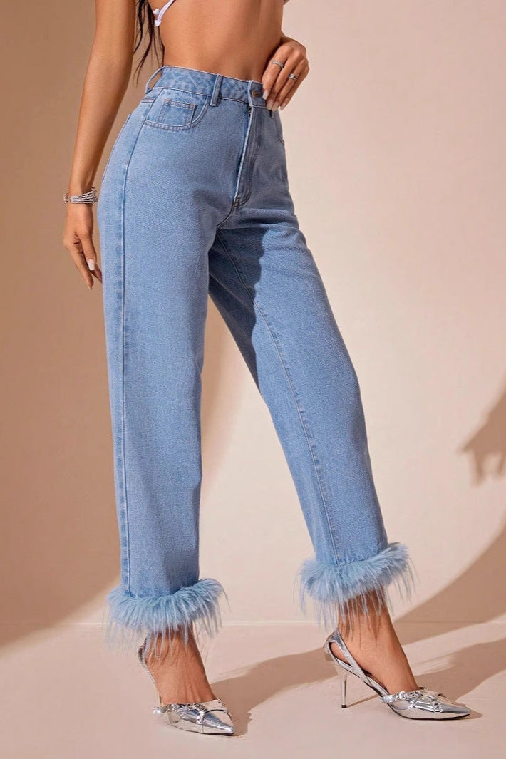 Women Clothing Furry Stitching Straight All Matching Jeans - ALZO