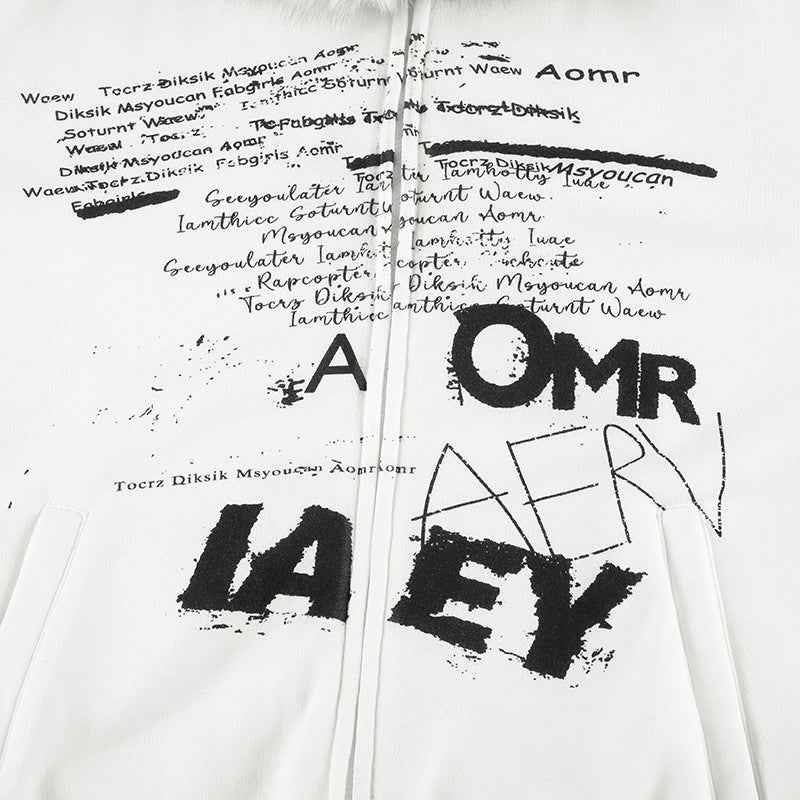Retro Simple Letter Graphic Print Furry Stitching Hooded Cardigan Top Autumn Winter Thermal Velvet Sweatshirt Coat