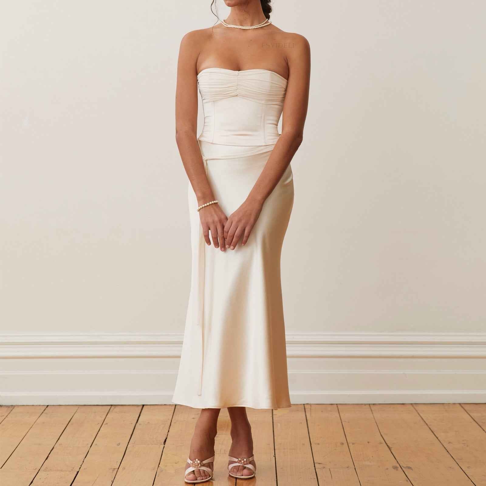 Summer Satin Maxi Dress Tube Top Solid Color Backless Lace Up Sexy Skirt Set