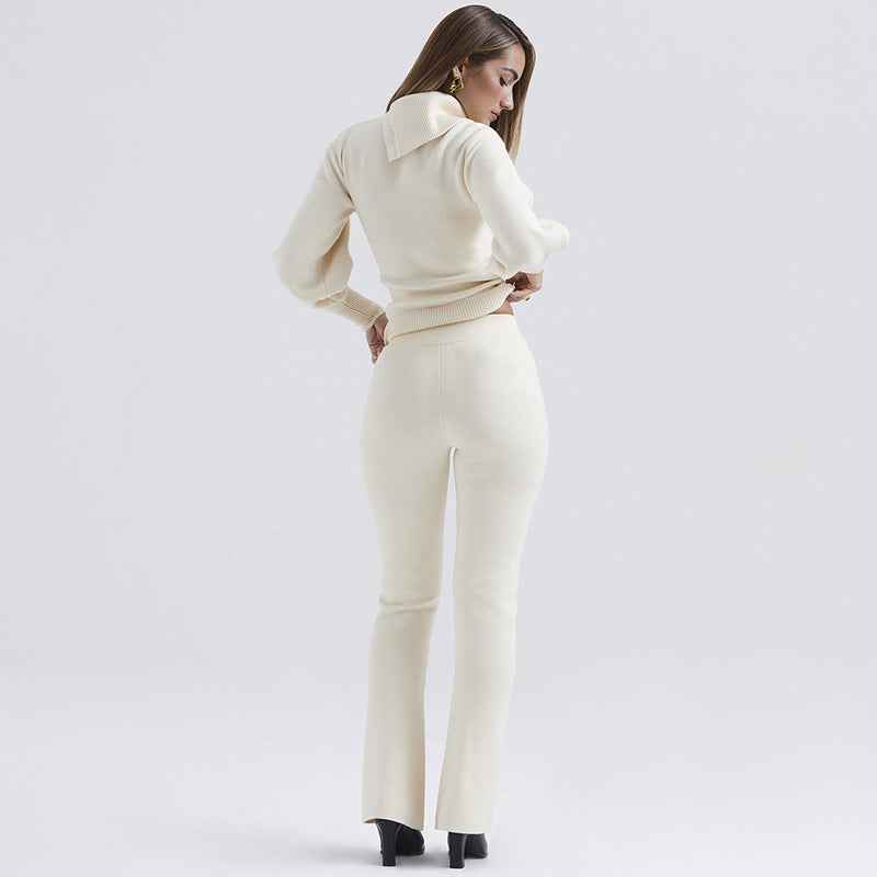 Winter Two Piece Set Sexy Trend Hooded Long Sleeve Straight Leg Pants Knitting Set