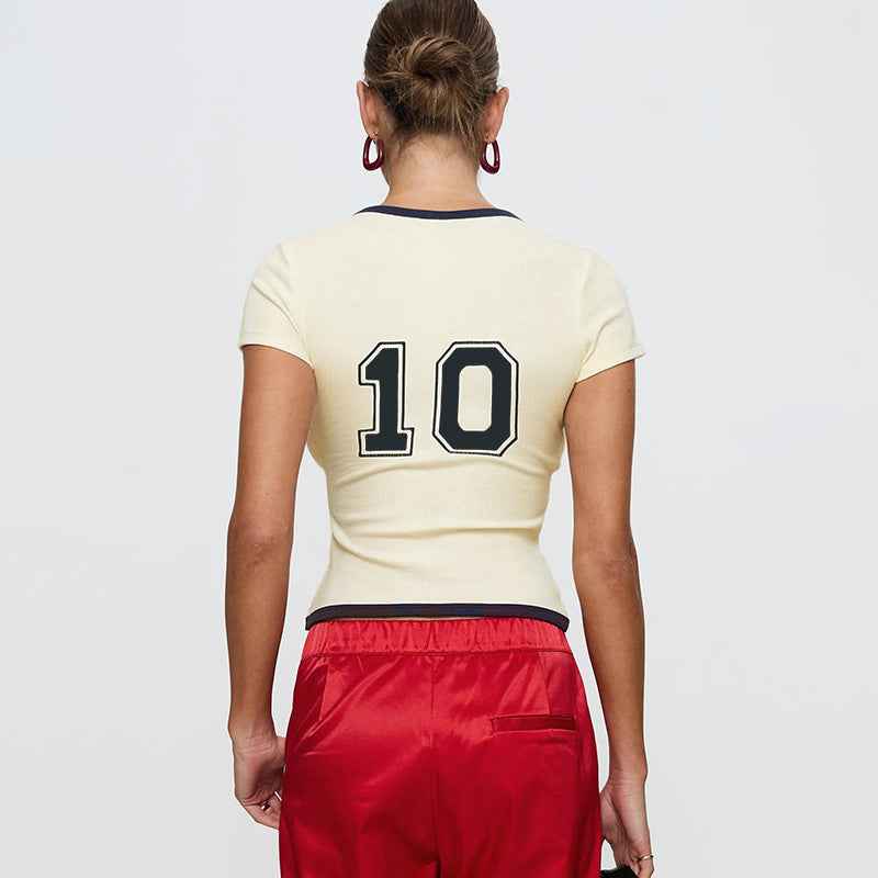 Round Neck Contrast Color Letter Graphic Print Short-Sleeve T shirt Women Summer Street Sexy Top