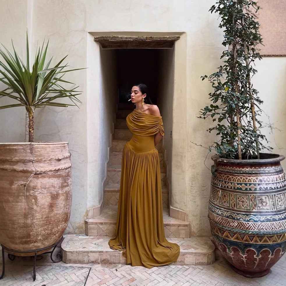 Spring Summer Light Luxury off Shoulder Waist Slimming A line Elegant High Grade Dress