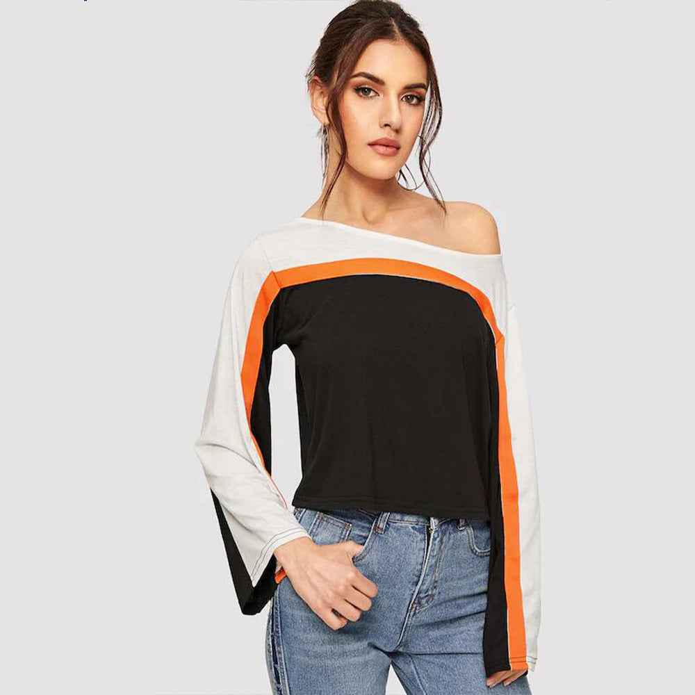 Spring Summer Women Clothing round Neck Pullover Solid Color Patchwork Flared Sleeves T shirt Top for Women