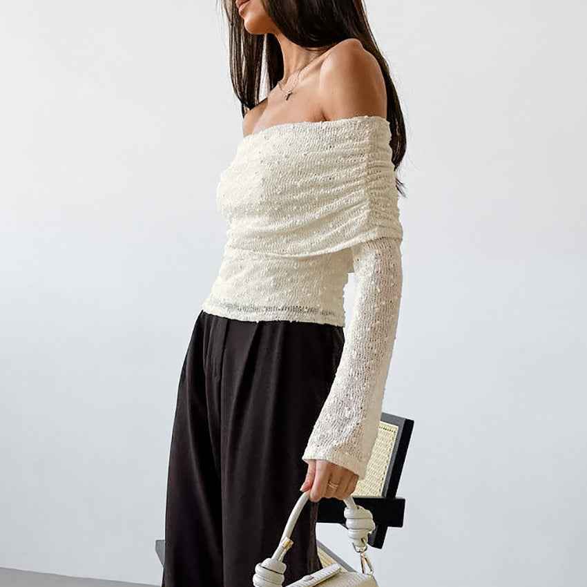Spring Summer Sexy Design Jacquard off Neck Drop Shoulder Sleeve Slim Knitted T shirt All Match Top for Women