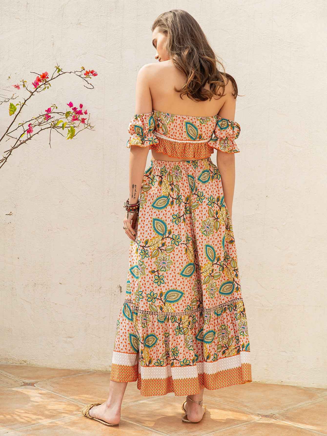 Bohemian Women off Shoulder Top Skirt Set Colorful Floral Leaf Printed Elegant